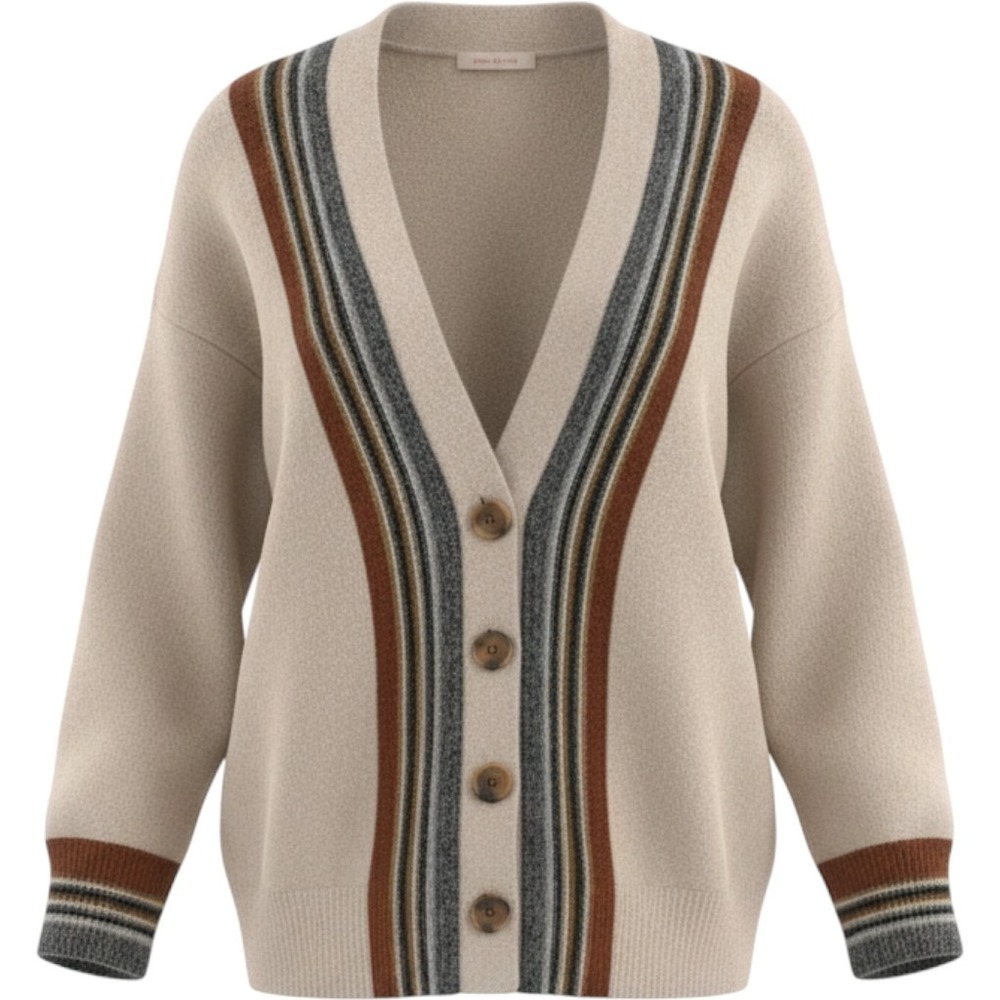 Skies Are Blue Womens Cream Striped V-Neck Button Front Cardigan Sweater LARGE